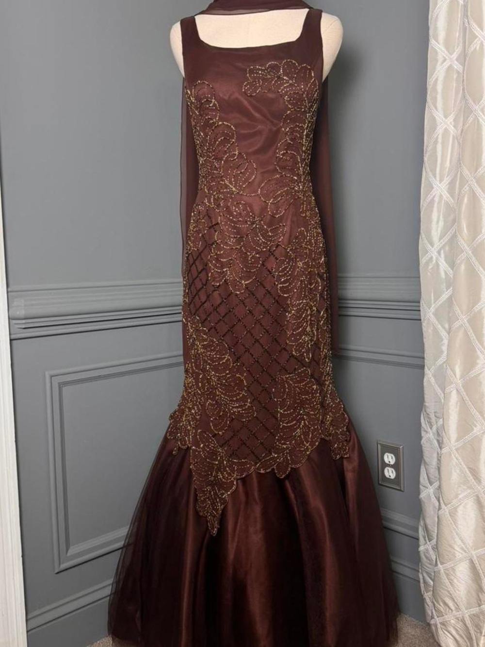 Brown Beaded Maxi Evening Gown with Gold Embellishment